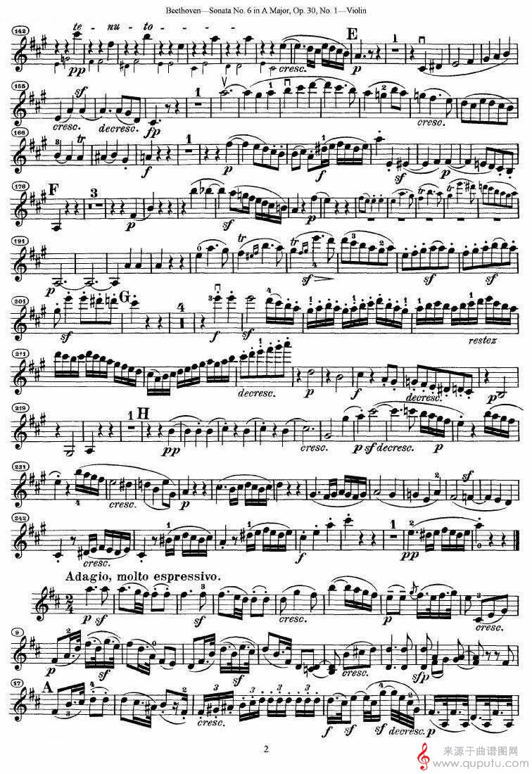 贝多芬第六号奏鸣曲A大调（小提琴谱）_贝多芬第六号奏鸣曲A大调_02