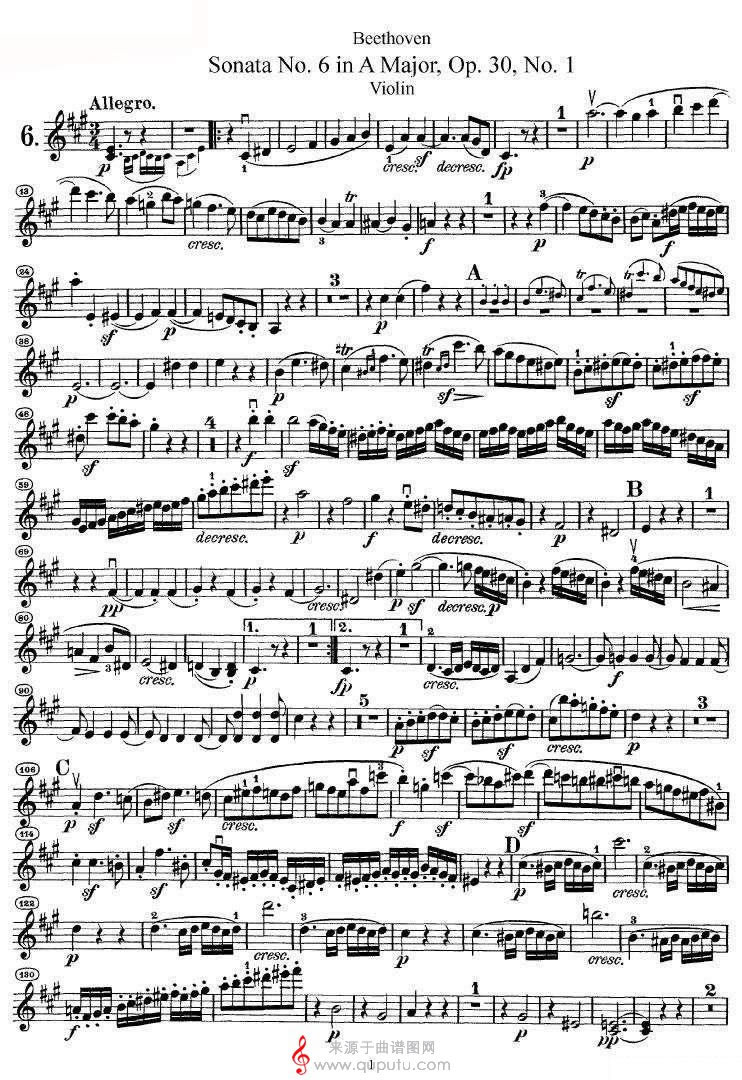 贝多芬第六号奏鸣曲A大调提琴谱（小提琴谱）_原文件名：贝多芬第六号奏鸣曲A大调（小提琴谱
