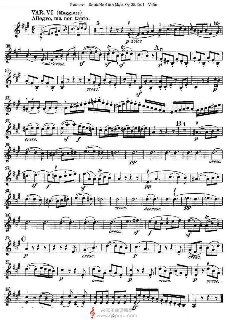 贝多芬第六号奏鸣曲A大调提琴谱（小提琴谱）_原文件名：贝多芬第六号奏鸣曲A大调（小提琴谱