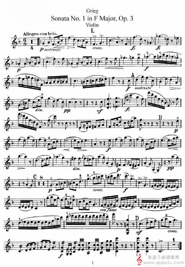 格里格F大调奏鸣曲，op.3（第一小提琴分谱）_格里格F大调奏鸣曲，op.3_01