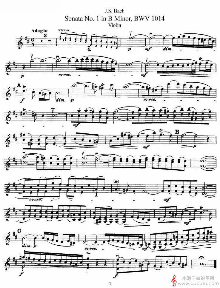 巴赫小提琴奏鸣曲No.1b小调（BWV 1014 [小提琴谱]）_巴赫小提琴奏鸣曲No.1b小调_01
