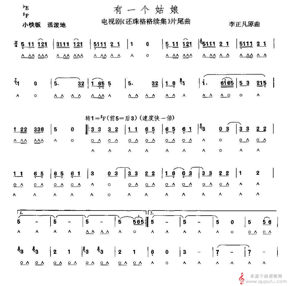 有一个姑娘（摘自电视剧《还珠格格续集》片尾曲）_曲谱图网_有一个姑娘_01