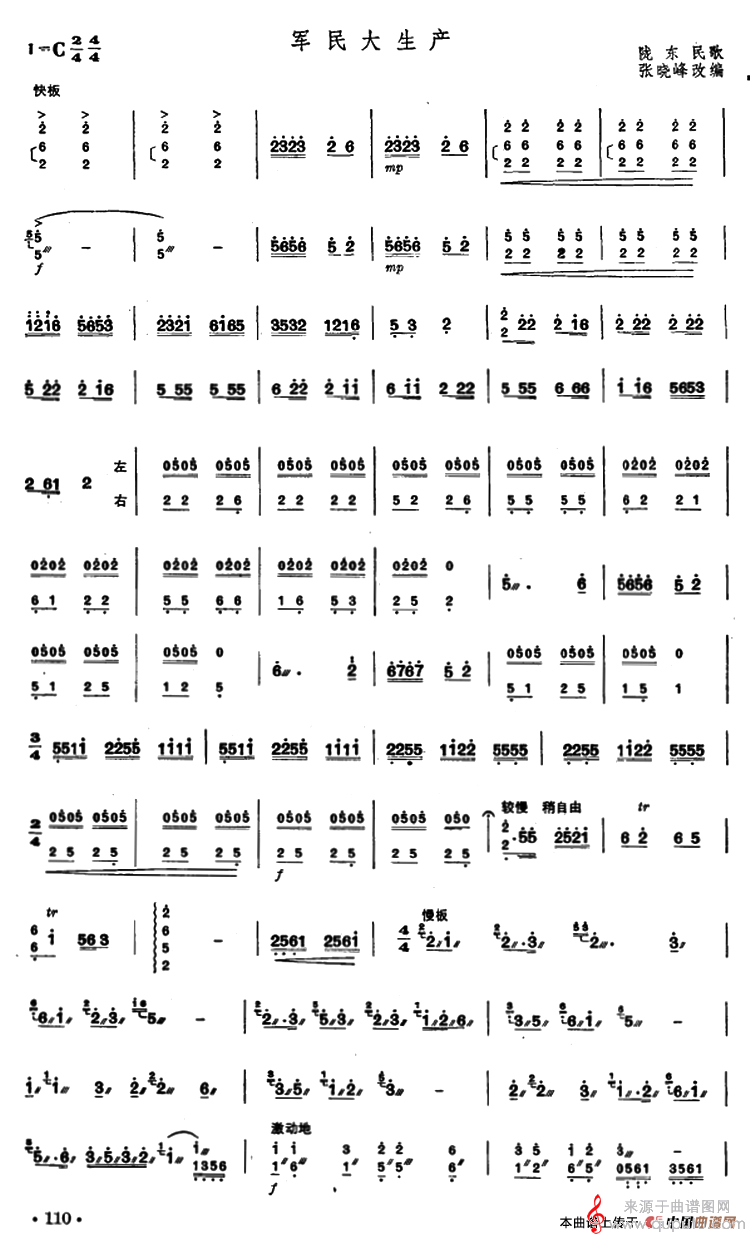 军民大生产（陇东民歌张晓峰改编简谱原版）