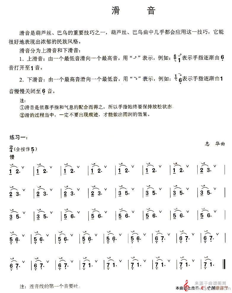 滑音简谱（滑音葫芦丝技巧练习之七）