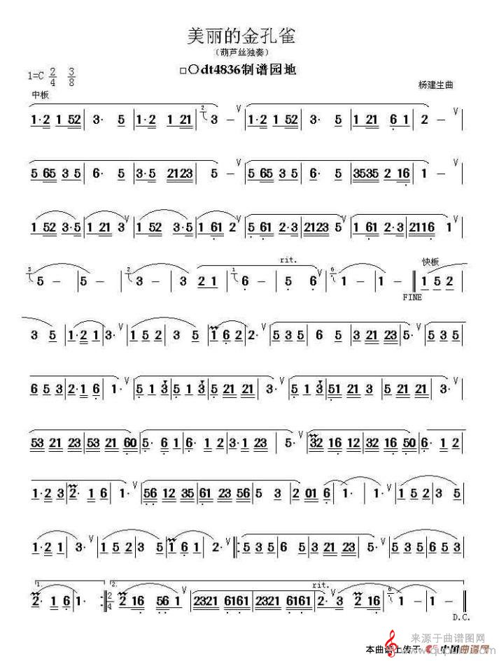美丽的金孔雀简谱（美丽的金孔雀杨建生作曲版）