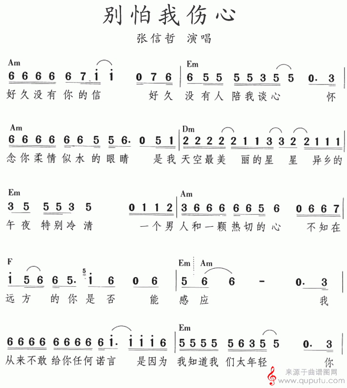 别怕我伤心(张信哲原唱歌词歌曲简谱)