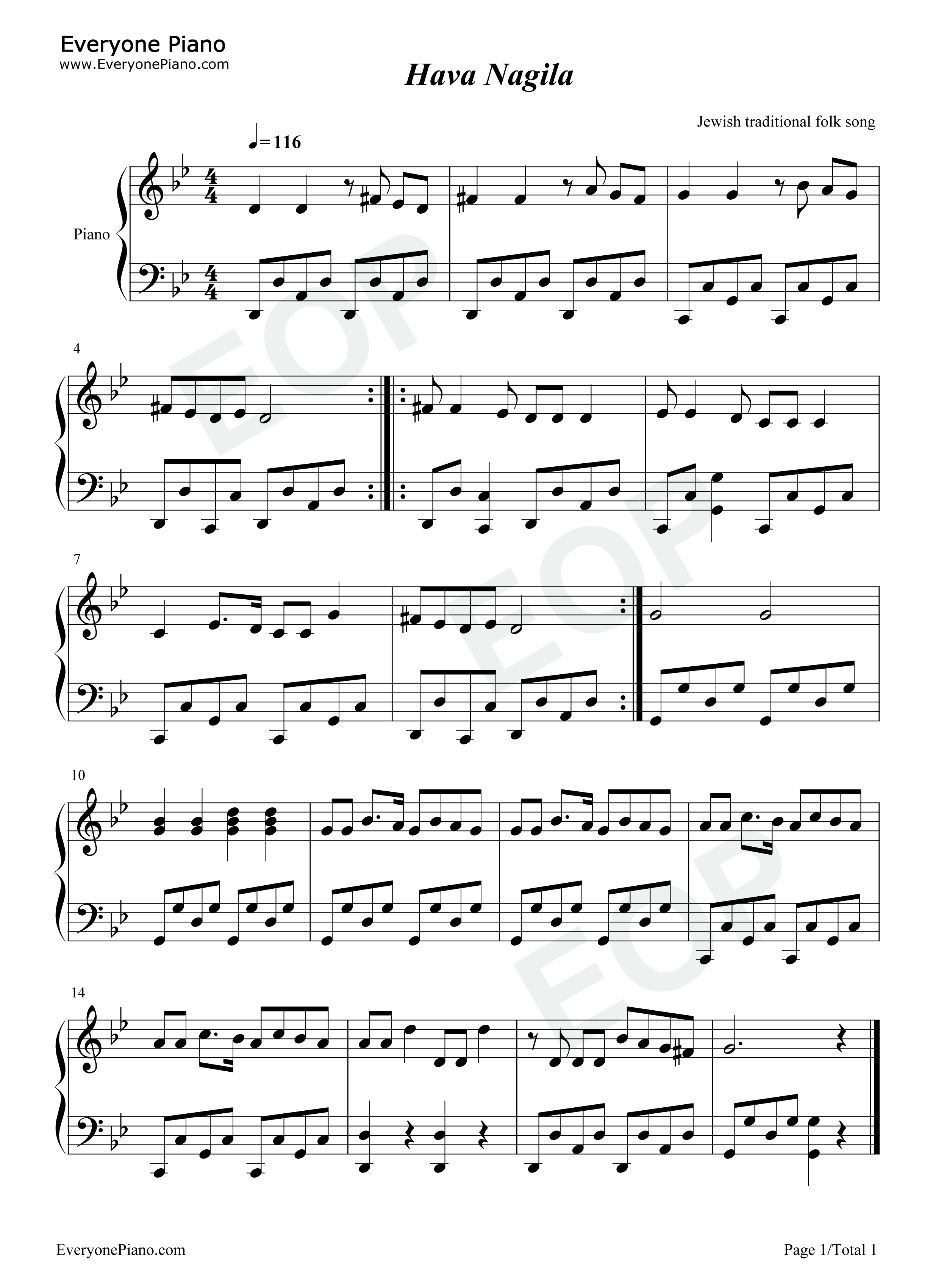 Hava Nagila-让我们欢乐-希伯来语犹太民俗音乐五线谱预览1